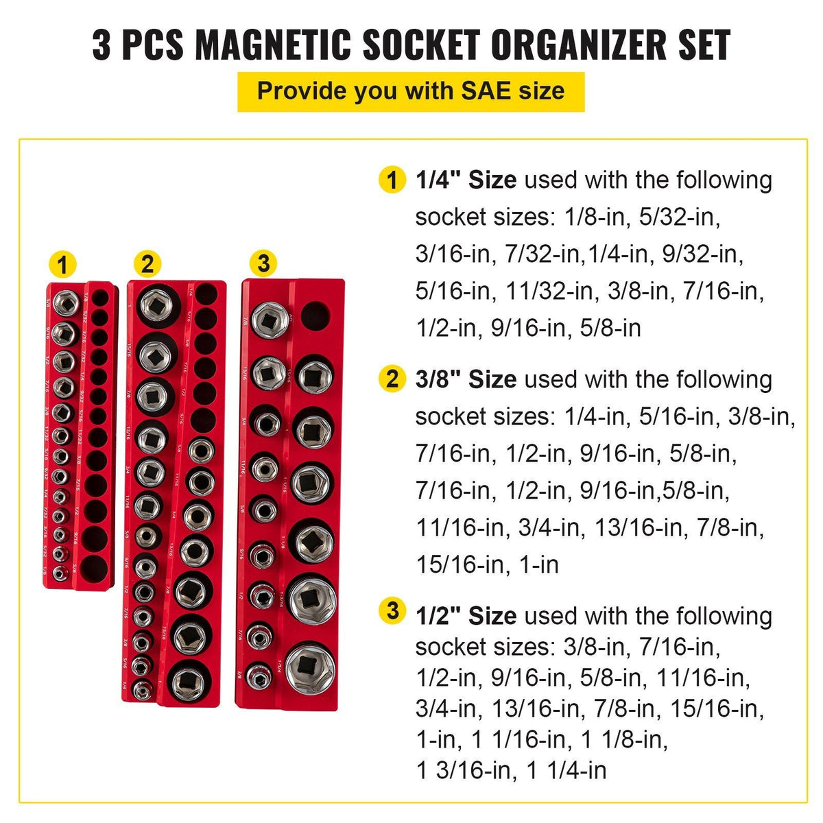 3-Pack SAE Magnetic Socket Organizers, 1/2-inch, 3/8-inch, 1/4-inch Drive Socket Holders Hold 68 Sockets, Red Tool Box Organizer for Sockets Storage