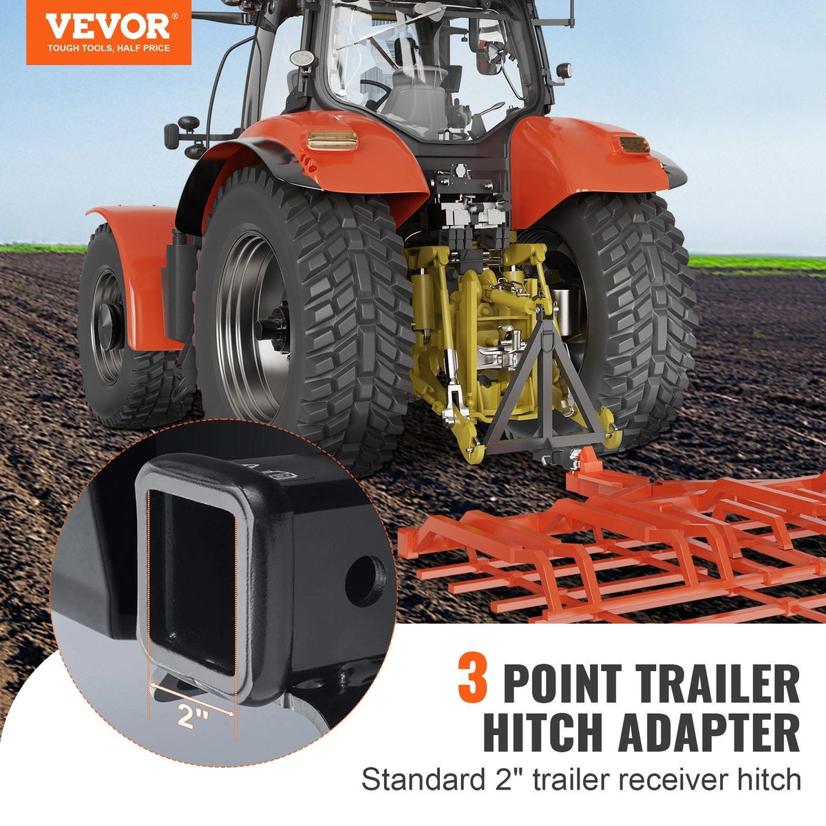 3 Point Hitch Receiver, 2" Receiver Trailer Hitch Category 1 Tractor Tow Drawbar Adapter with Pins, Compatible with Kubota, Mahindra, Yanmar, Ford, John Deere, Massey Ferguson