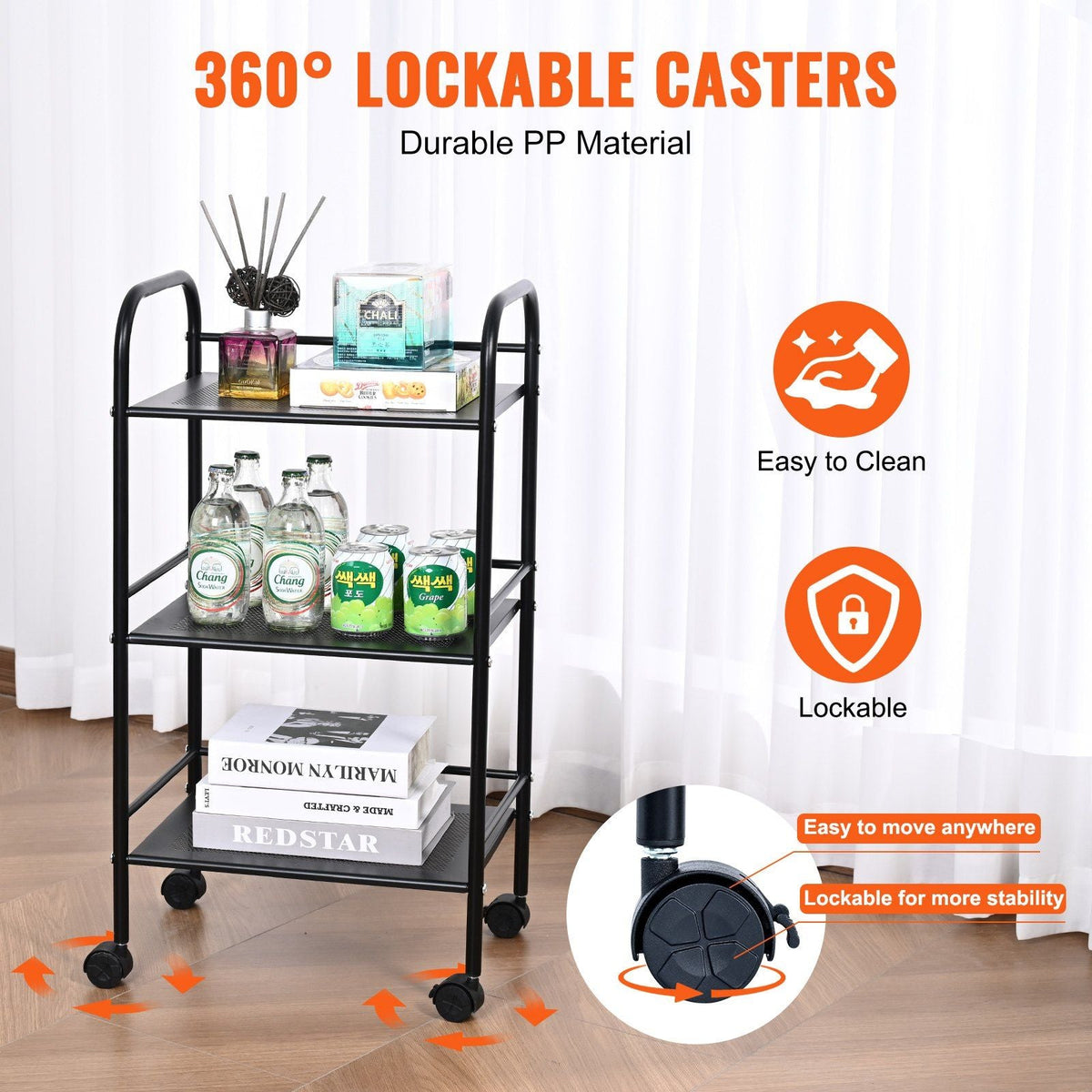 3-Tier Metal Rolling Cart, Heavy Duty Utility Cart with Lockable Wheels, Multi-Functional Storage Trolley with Handle for Office, Living Room, Kitchen, Movable Storage Organizer Shelves, Black