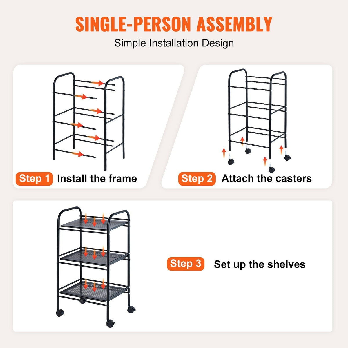 3-Tier Metal Rolling Cart, Heavy Duty Utility Cart with Lockable Wheels, Multi-Functional Storage Trolley with Handle for Office, Living Room, Kitchen, Movable Storage Organizer Shelves, Black