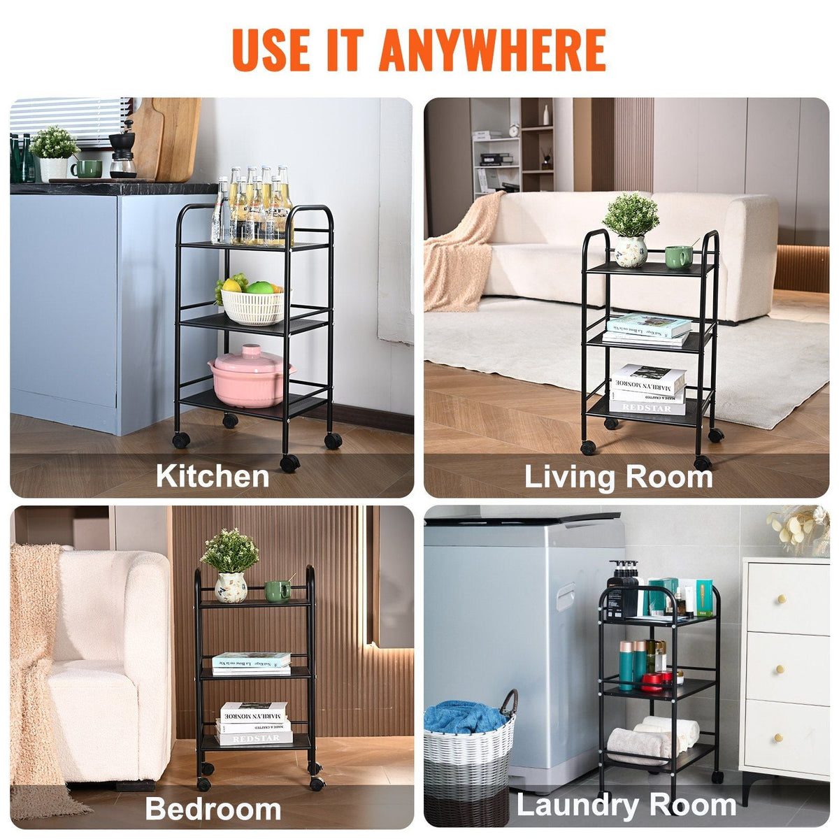 3-Tier Metal Rolling Cart, Heavy Duty Utility Cart with Lockable Wheels, Multi-Functional Storage Trolley with Handle for Office, Living Room, Kitchen, Movable Storage Organizer Shelves, Black
