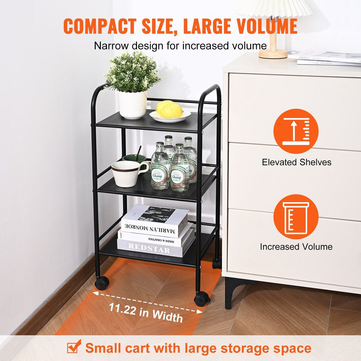 3-Tier Metal Rolling Cart, Heavy Duty Utility Cart with Lockable Wheels, Multi-Functional Storage Trolley with Handle for Office, Living Room, Kitchen, Movable Storage Organizer Shelves, Black