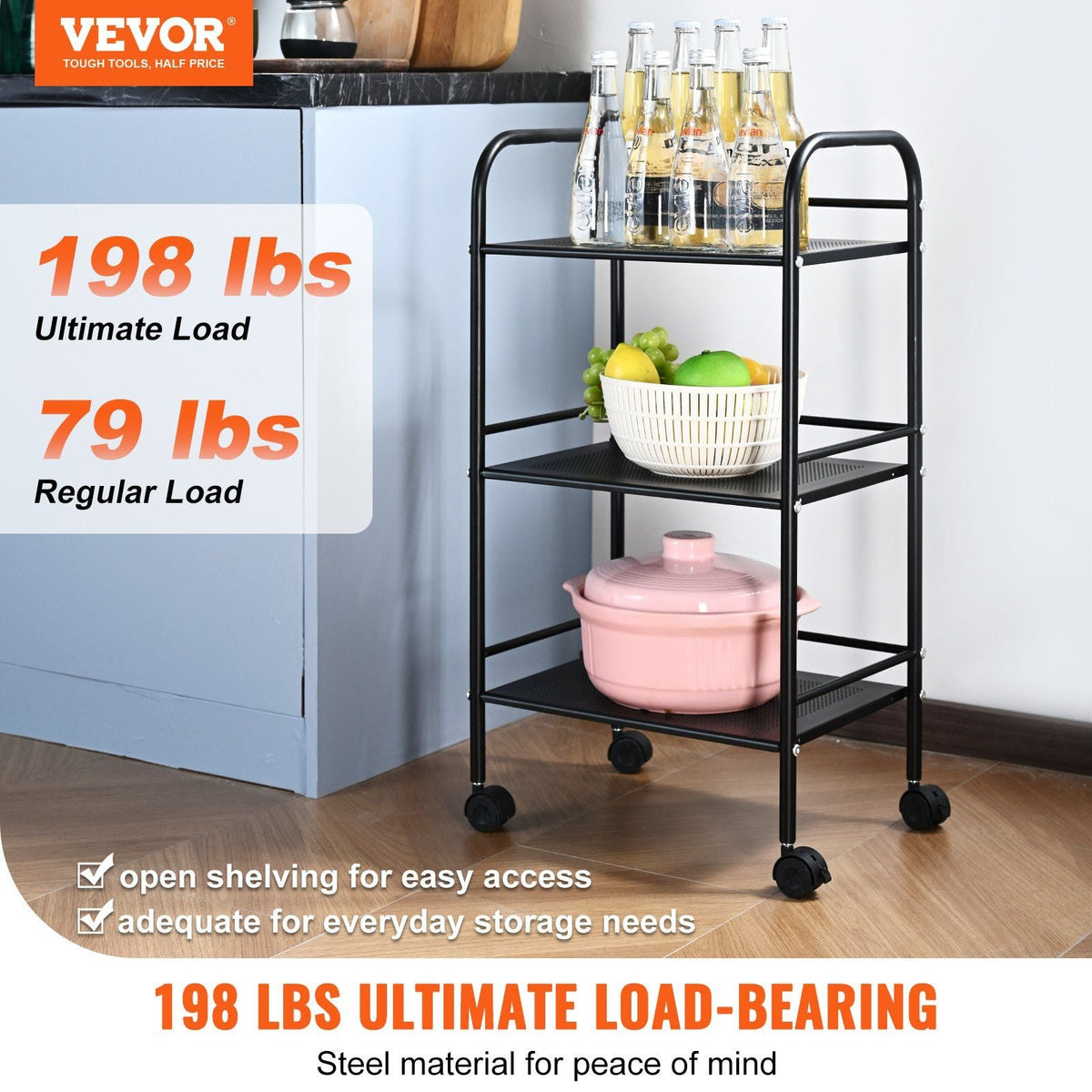 3-Tier Metal Rolling Cart, Heavy Duty Utility Cart with Lockable Wheels, Multi-Functional Storage Trolley with Handle for Office, Living Room, Kitchen, Movable Storage Organizer Shelves, Black