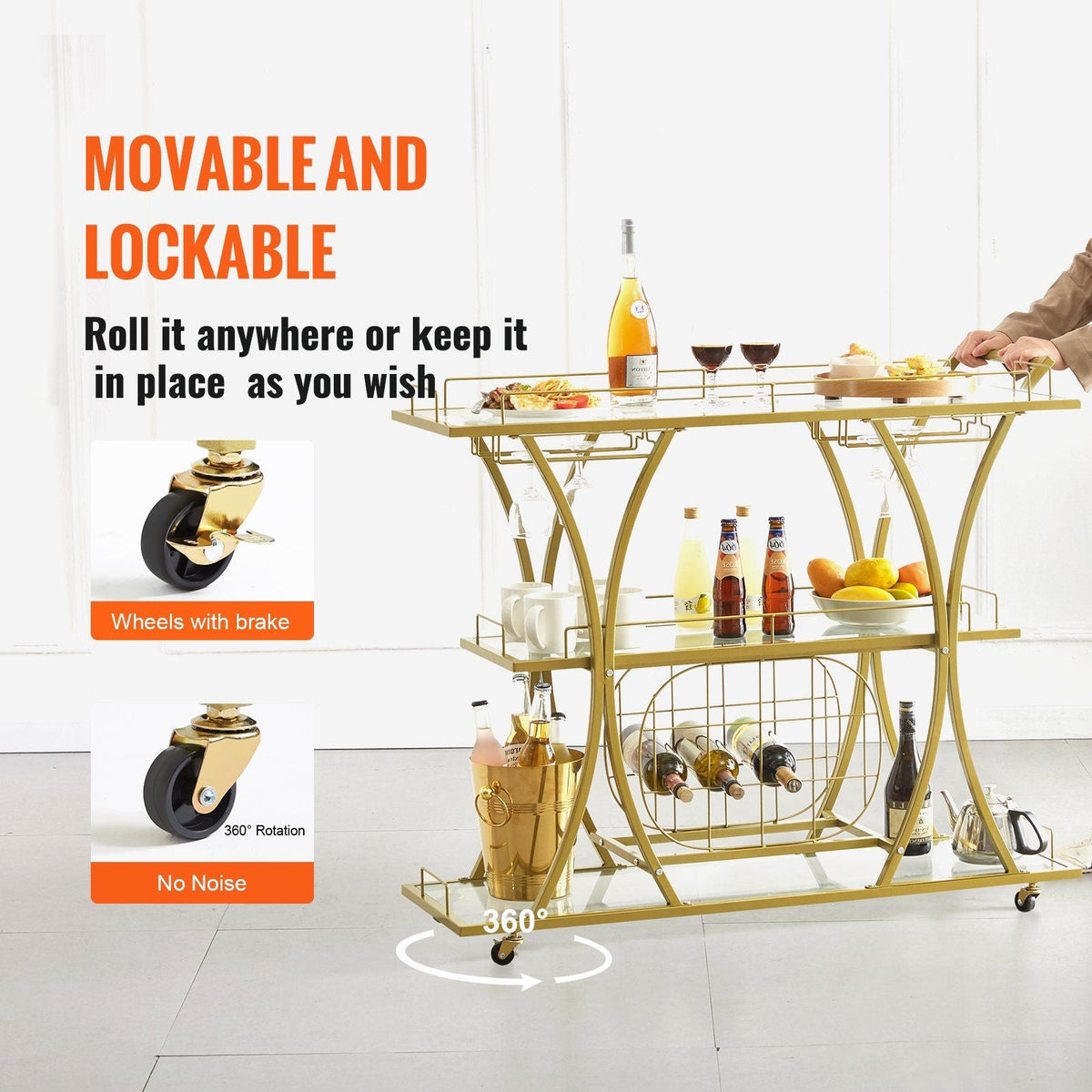 3 Tiers Gold Metal Bar Serving Cart with Wine Rack Glass Holder 180 LBS