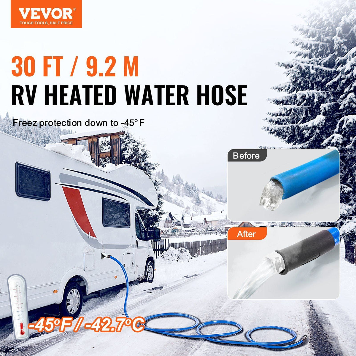 30ft Heated Water Hose for RV, Heated Drinking Water Hose Antifreeze to -45°F, Automatic Self-regulating, 5/8" I.D. with 3/4" GHT Adapter, Lead and BPA Free