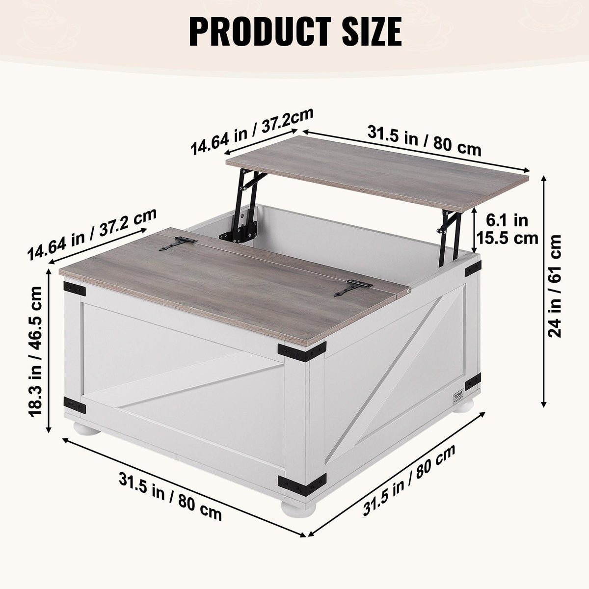 31.5" Farmhouse Coffee Table, Hinged Lift Top Coffee Square Table with Storage Compartment, Wooden Rustic Cocktail Table for Living Room, Bedroom, Apartment, Studio, Gray & White