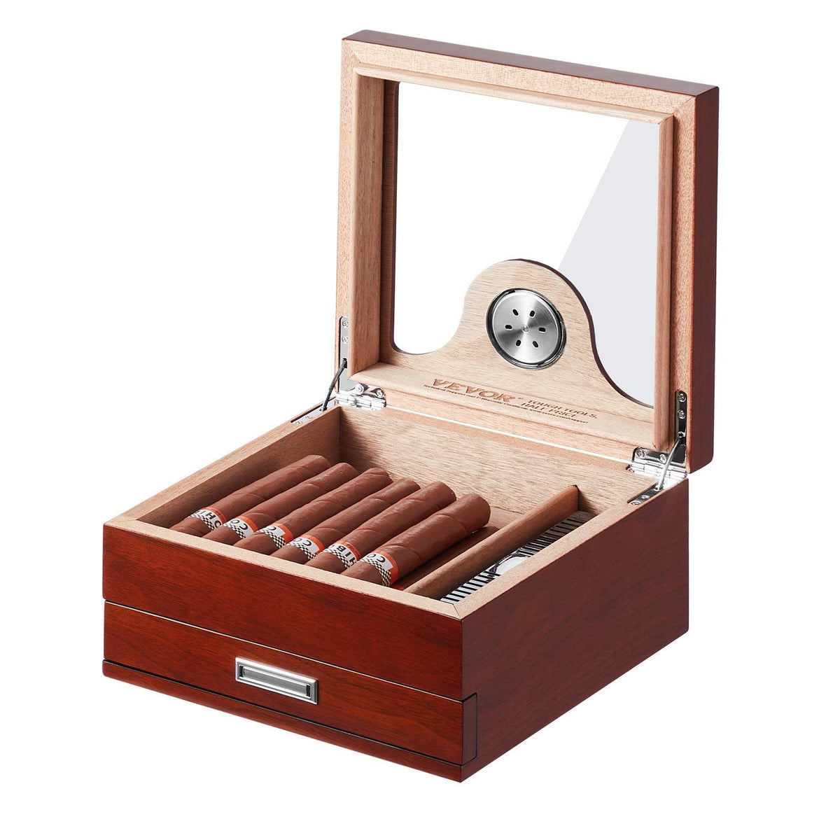 35 Cigar Humidor Glasstop Cedar Cigar Box Humidifier & Hygrometer & Drawer