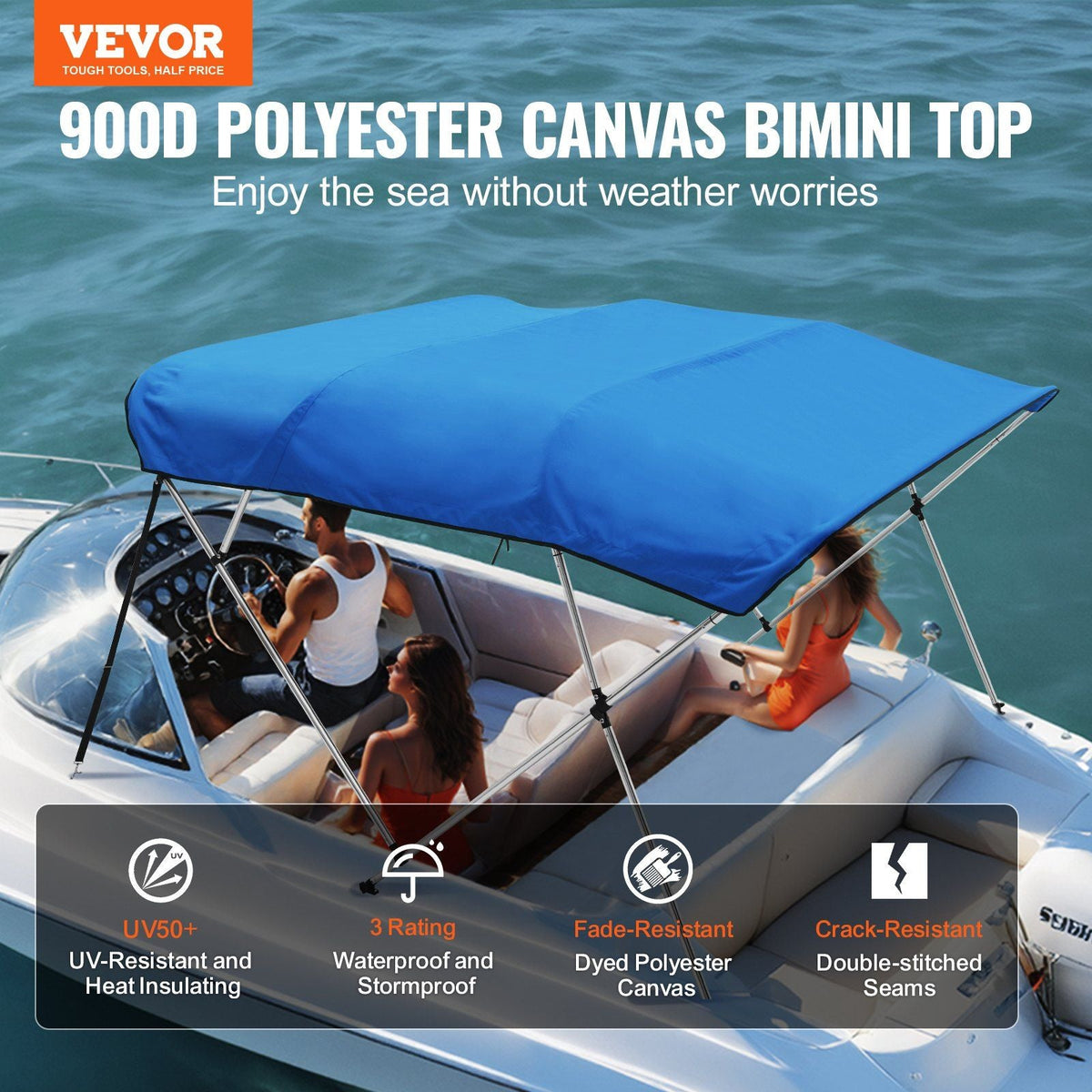 4 Bow Bimini Top Boat Cover, 900D Polyester Canopy with 1" Aluminum Alloy Frame, Waterproof and Sun Shade, Includes Storage Boot, 4 Straps, 2 Support Poles, 8'L x 54"H x 91"-96"W, Pacific Blue