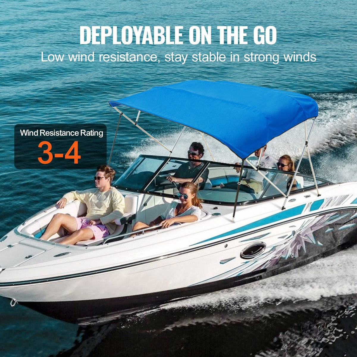 4 Bow Bimini Top Boat Cover, 900D Polyester Canopy with 1" Aluminum Alloy Frame, Waterproof and Sun Shade, Includes Storage Boot, 4 Straps, 2 Support Poles, 8'L x 54"H x 91"-96"W, Pacific Blue