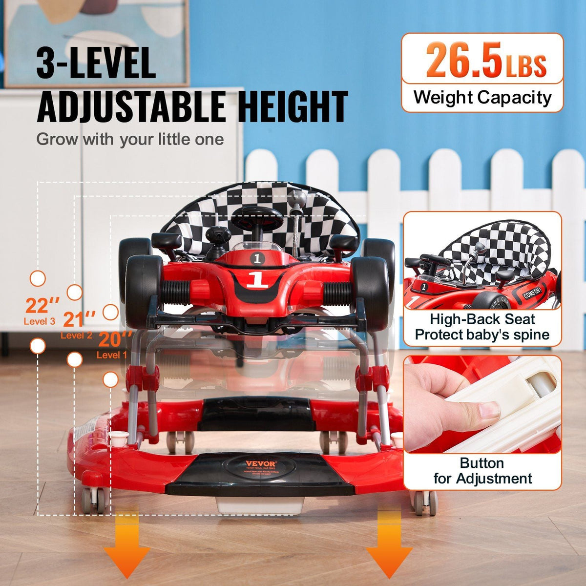 4-in-1 Baby Walker, Foldable Baby Activity Center on Wheels, Adjustable Height, Light, Steering Wheel, Toy Car | Learning-Seated | Walk-Behind | Rocker Toddler Walker for 6-24 Month Boys Girls