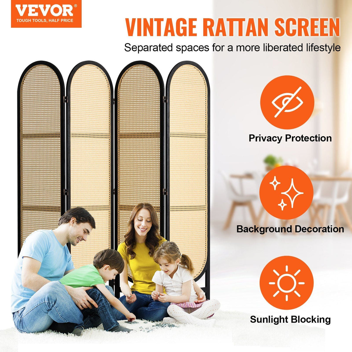 4 Panel Room Divider, Hand-Woven Rattan Folding Privacy Screens with Hinges, Portable Partition Room Dividers, Wooden Freestanding Wall Divider for Room Separation, Living Room, Bedroom, Brown