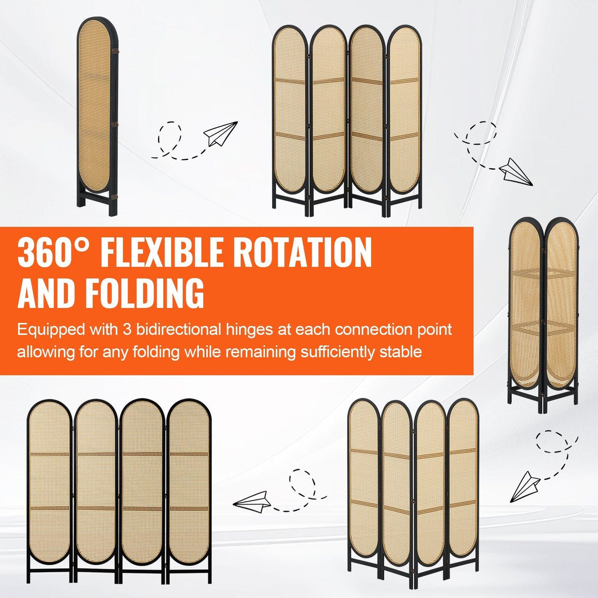 4 Panel Room Divider, Hand-Woven Rattan Folding Privacy Screens with Hinges, Portable Partition Room Dividers, Wooden Freestanding Wall Divider for Room Separation, Living Room, Bedroom, Brown