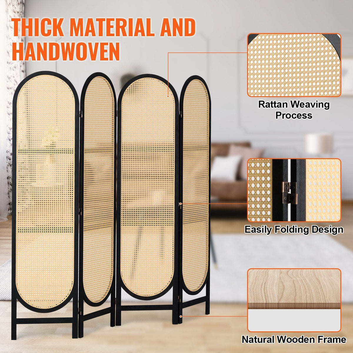 4 Panel Room Divider, Hand-Woven Rattan Folding Privacy Screens with Hinges, Portable Partition Room Dividers, Wooden Freestanding Wall Divider for Room Separation, Living Room, Bedroom, Brown