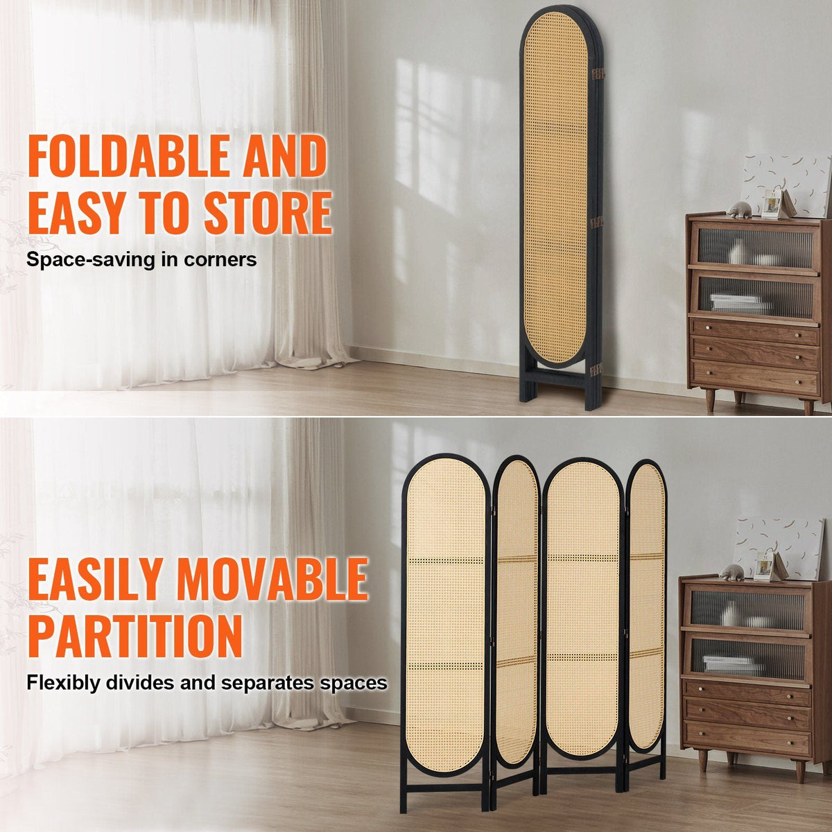 4 Panel Room Divider, Hand-Woven Rattan Folding Privacy Screens with Hinges, Portable Partition Room Dividers, Wooden Freestanding Wall Divider for Room Separation, Living Room, Bedroom, Brown
