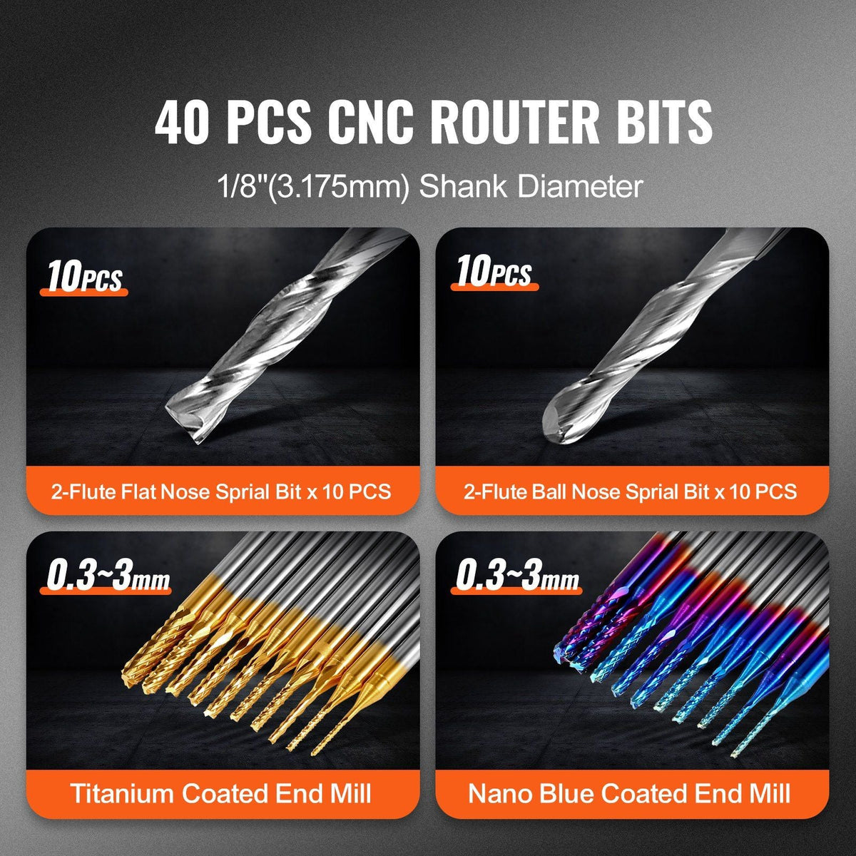 40pcs End Mills CNC Router Bits, 1/8" Shank, CNC Cutter Milling Carving Bit Set, Including 2-Flute Flat Nose & Ball Nose End Mill, Nano Blue Coat & Titanium Coat CNC Bits, for Milling Machine