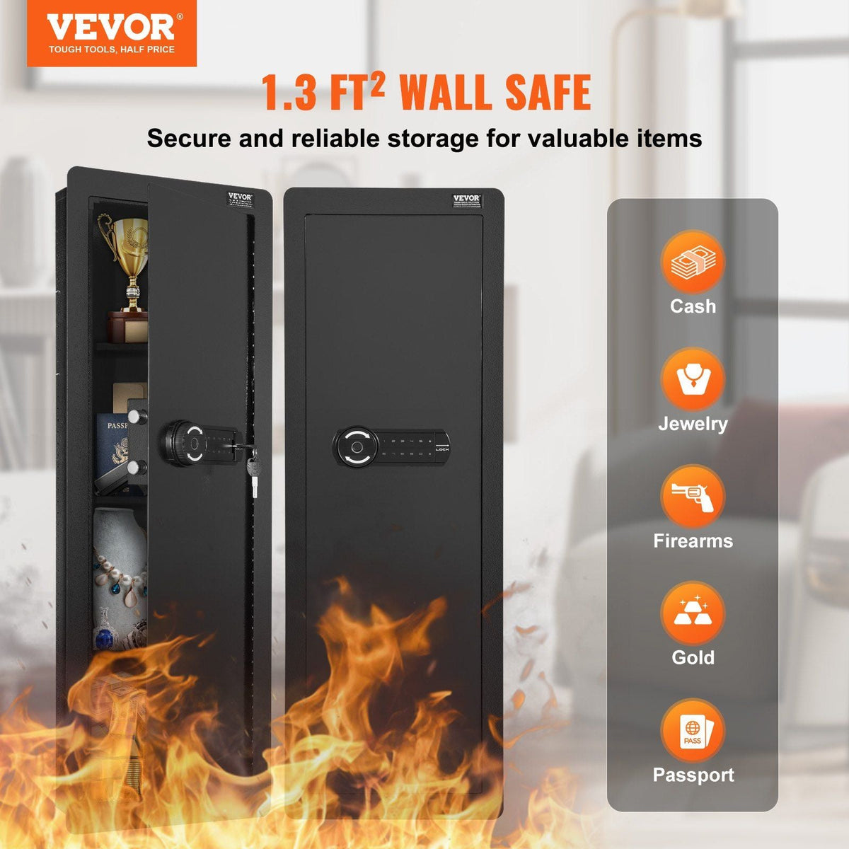 42.91" Tall Wall Gun Safe, 4-Tier Hidden Gun Safe with Keypad & Fingerprint, 3 Removable Shelves & 6 Key Holders, Q235 Cold-Rolled Steel Gun Safe with LED Light, Vibration Alarm, Holster & Stock