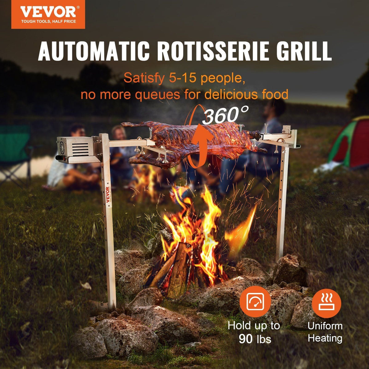 46" Electric BBQ Rotisserie Grill Kit, 90 lbs Capacity Heavy Duty Grilling Kit, Automatic 42W Motor and Height Adjustable Universal Roaster Stand, Stainless Steel Hexagon Spit Rod for Pig Lamb