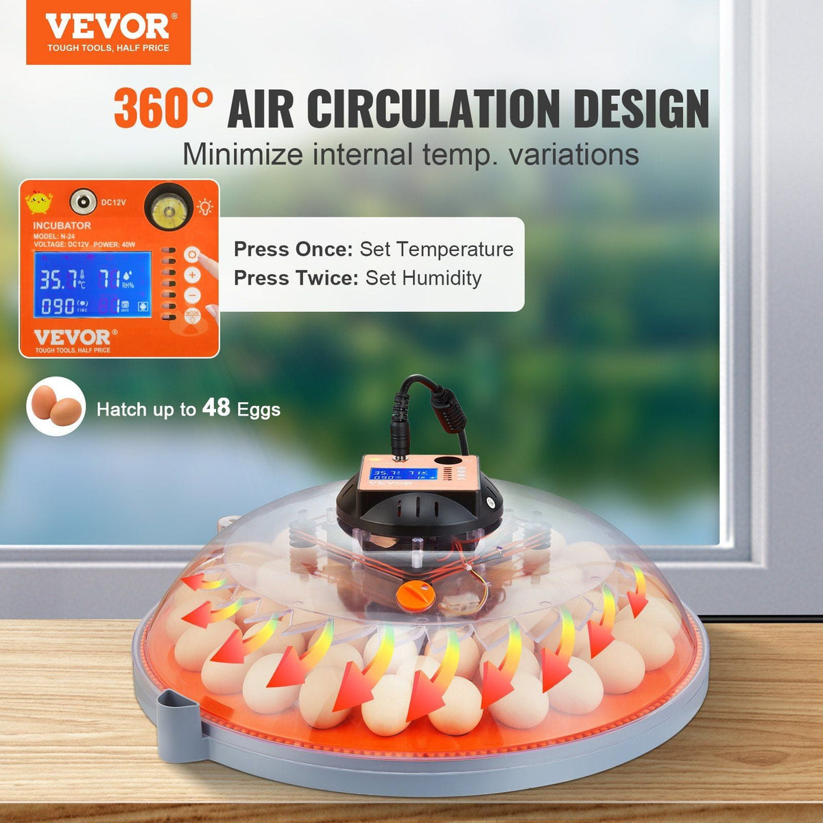 48 Egg Incubator, Incubators for Hatching Eggs, 360° Automatic Egg Turner with Temperature and Humidity Display, 48 Eggs Poultry Hatcher with ABS Transparent Shell for Chicken, Duck, Quail