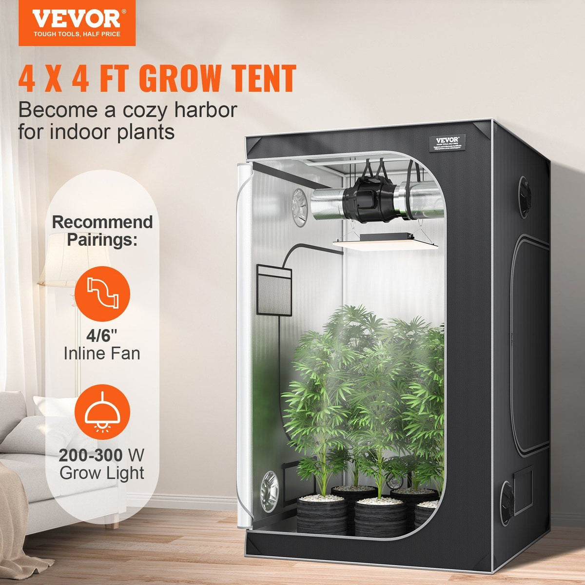 4x4 Grow Tent, 48'' x 48'' x 80'', High Reflective 2000D Mylar Hydroponic Growing Tent with Observation Window, Tool Bag and Floor Tray for Indoor Plants Growing