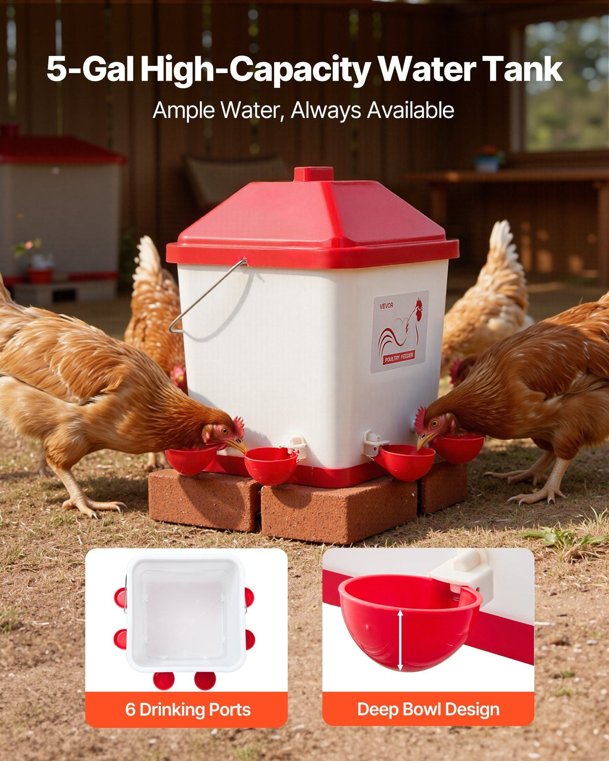 5 Gallon Automatic Chicken Waterer, 6 Water Ports, Automatic-Fill Water Cup, Automatic Gravity Waterer with Handle & Sealed Rubber Ring, Waterproof PP Material, No Waste Design, for Chicken