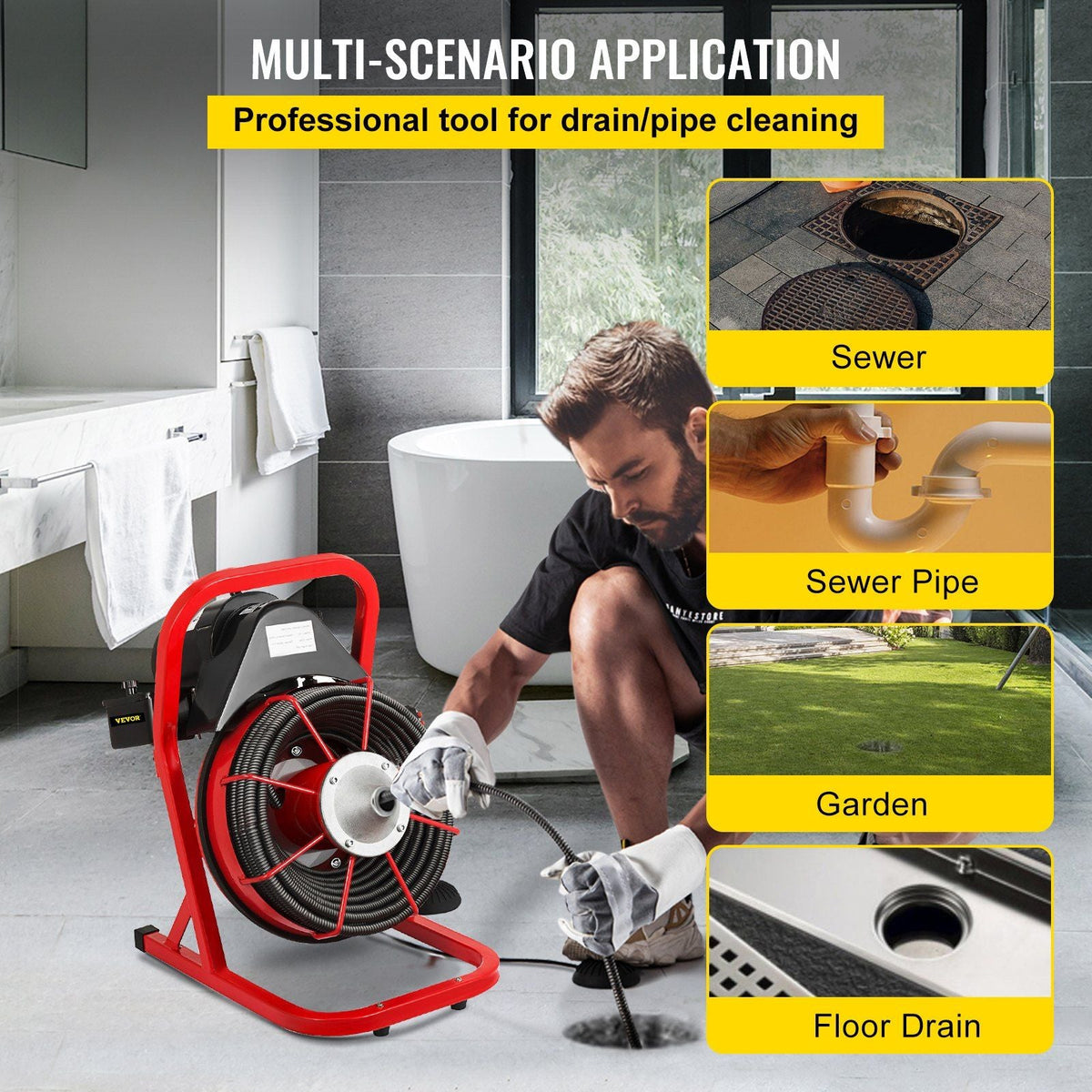 50FT x 1/2 Inch Drain Cleaning Machine, 250W Electric Drain Auger, Portable Sewer Snake Auger Cleaner with Cutters & Air-Activated Foot Switch for 1" to 4" Pipes, Black, Red