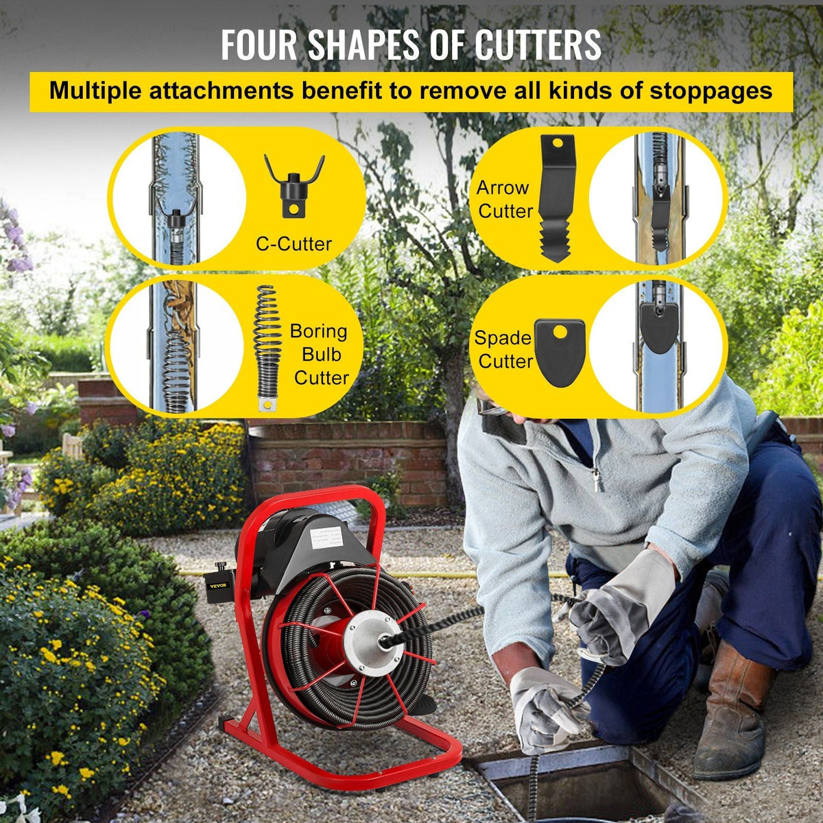 50FT x 1/2 Inch Drain Cleaning Machine, 250W Electric Drain Auger, Portable Sewer Snake Auger Cleaner with Cutters & Air-Activated Foot Switch for 1" to 4" Pipes, Black, Red