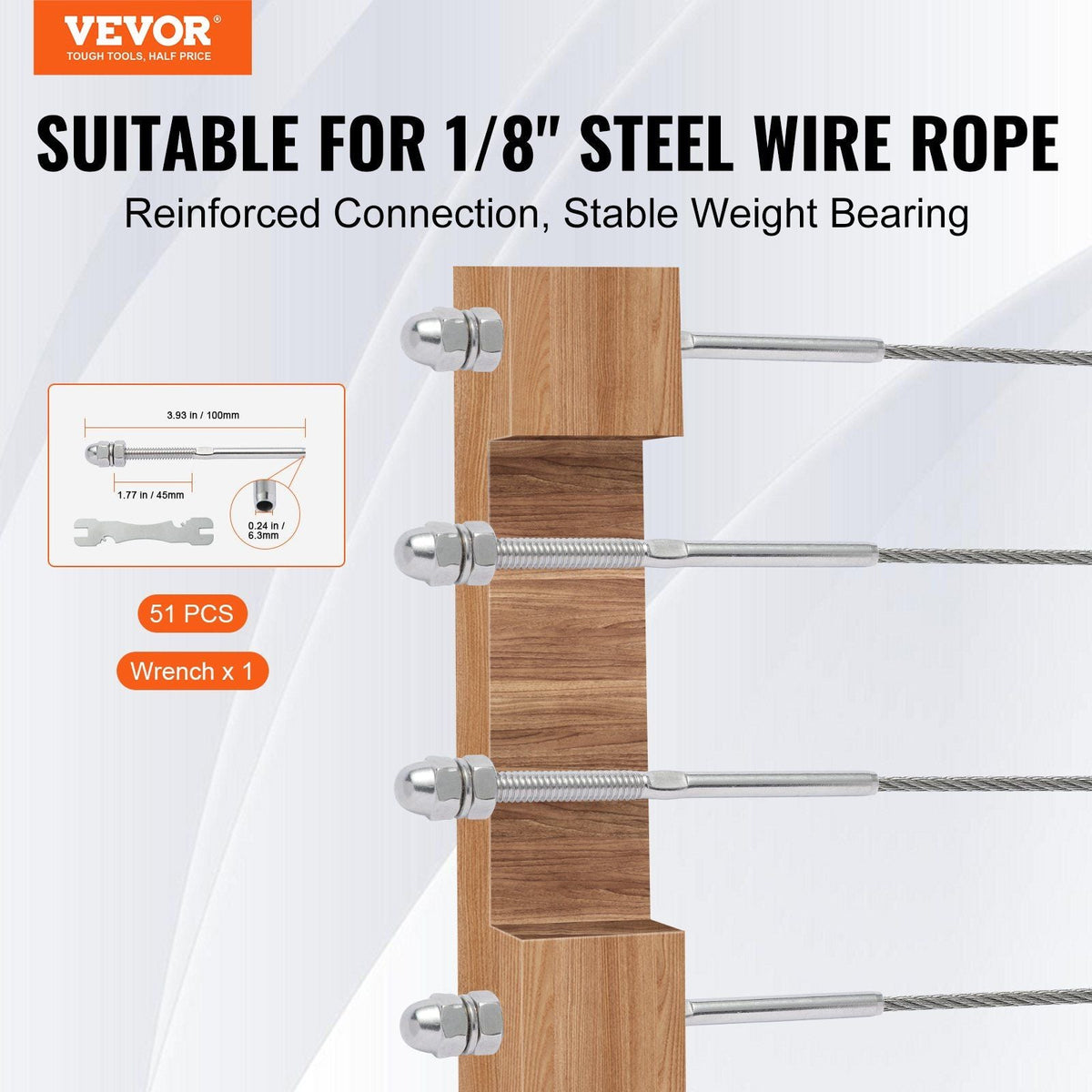 51 Pack Cable Railing Swage Threaded Stud Tension End Fitting Terminal for 1/8" Deck Cable Railing, T316 Stainless Steel, Cable Railing Tensioner 1/8" for Wood/Metal Post, Silver