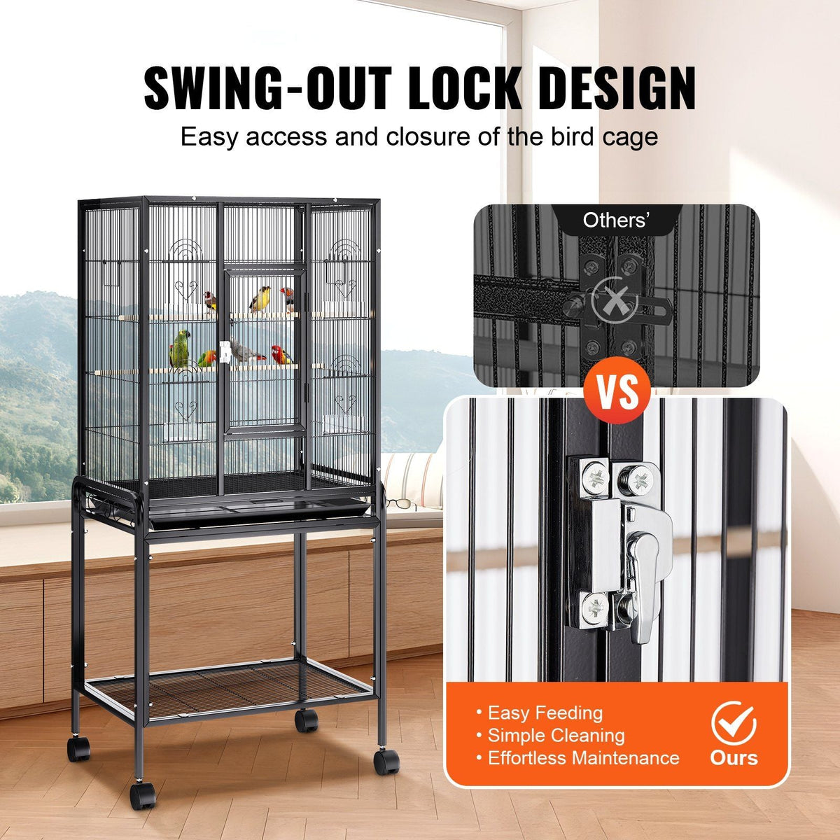 54 inch Standing Large Bird Cage, Carbon Steel Flight Bird Cage for Parakeets, Cockatiels, Parrots, Macaw with Rolling Stand and Tray