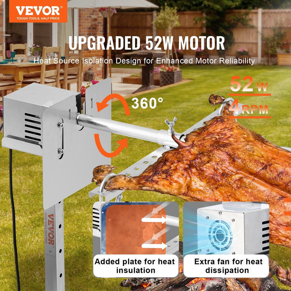 56" Electric BBQ Rotisserie Grill Kit Stainless Steel Grill 132lb Pig Lamb