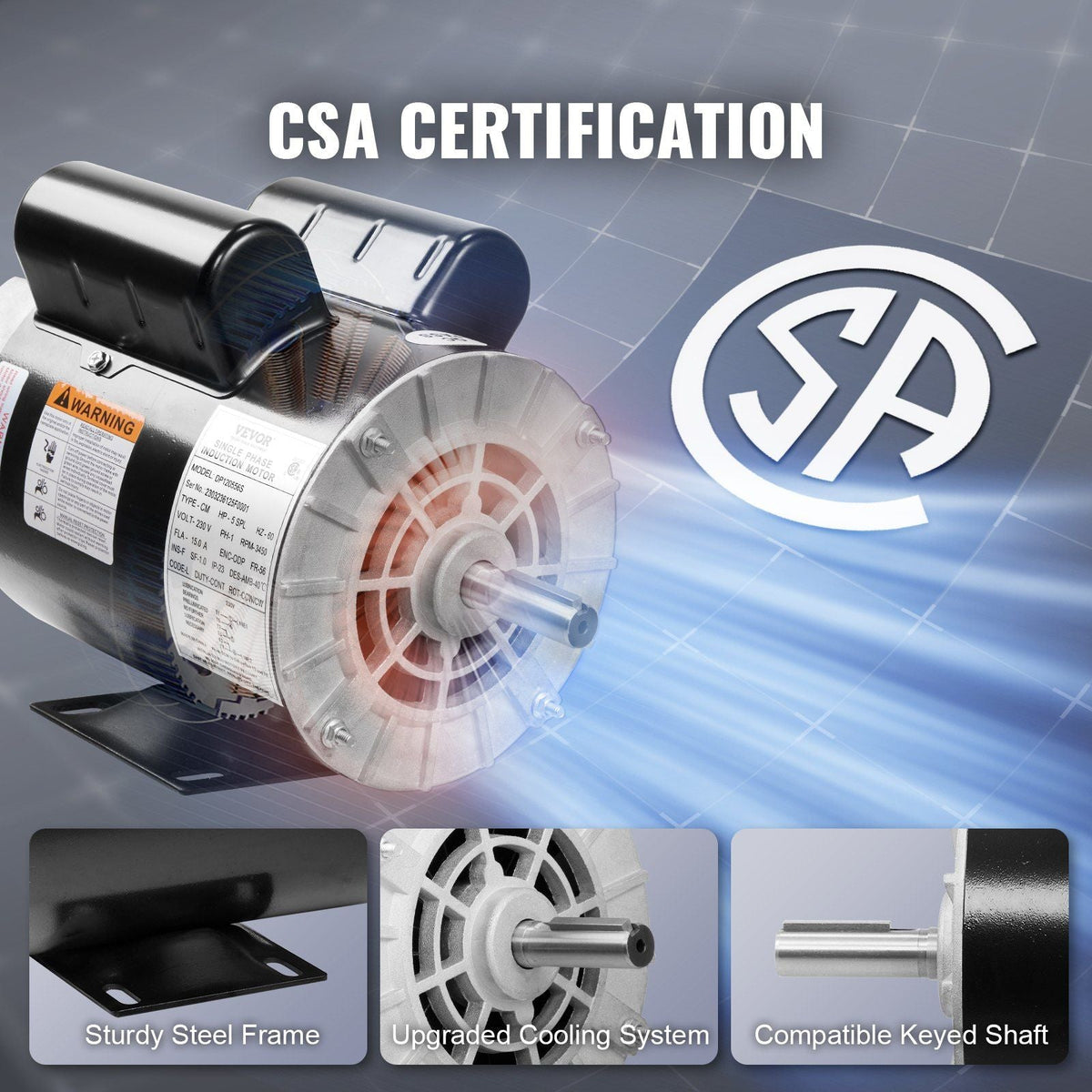 5HP SPL Air Compressor Motor, 230V 15 Amps Electric Motor, 3450RPM 56 Frame, 5/8" Keyed Shaft, 1.88" Shaft Length for Air Compressors, CW/CCW Rotation