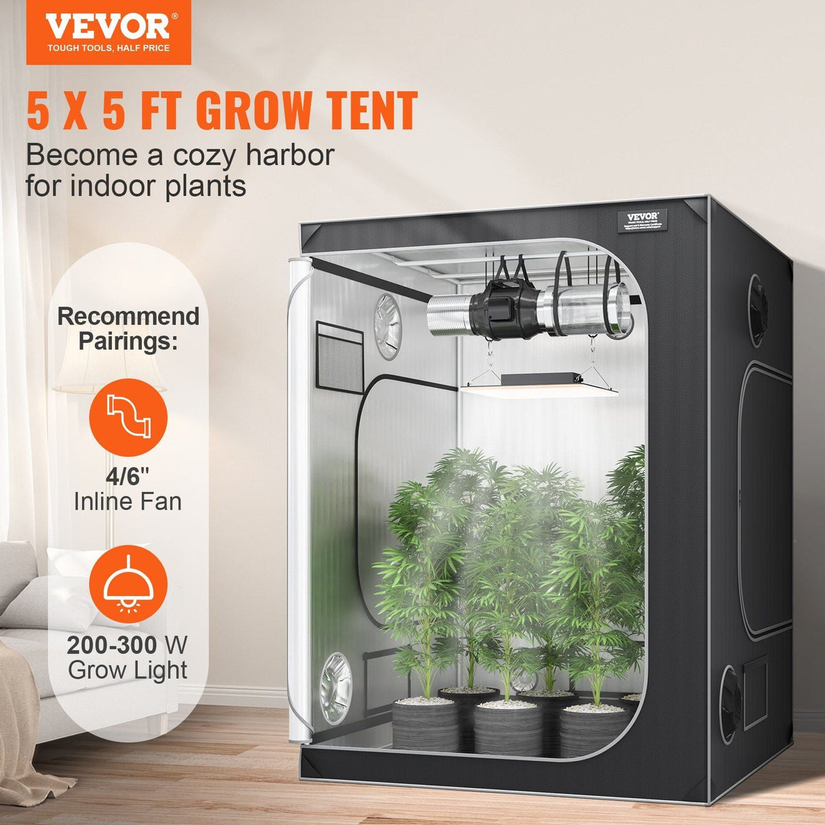 5x5 Grow Tent, 60'' x 60'' x 80'', High Reflective 2000D Mylar Hydroponic Growing Tent with Observation Window, Tool Bag and Floor Tray for Indoor Plants Growing