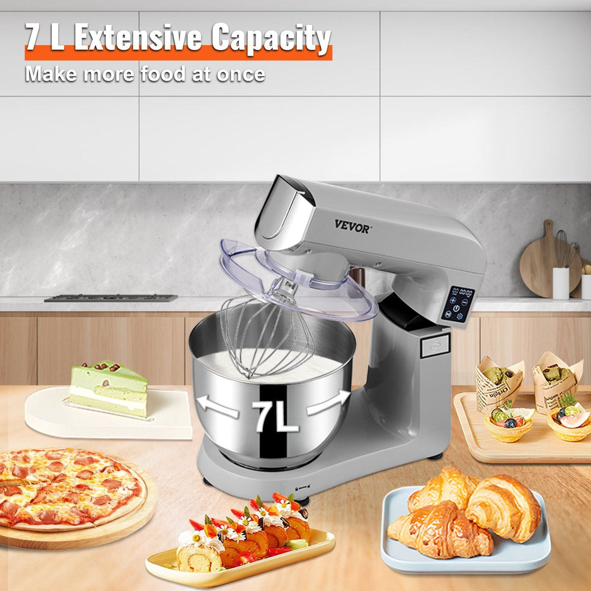 6 in 1 Stand Mixer, 450W Multifunctional Electric Mixer with Tilt-Head, 6 Speeds and LCD Screen Timing, 7.4Qt Stainless Bowl, Dough Hook, Flat Beater, Whisk, Scraper, Grinder, Stuffer, Slicer