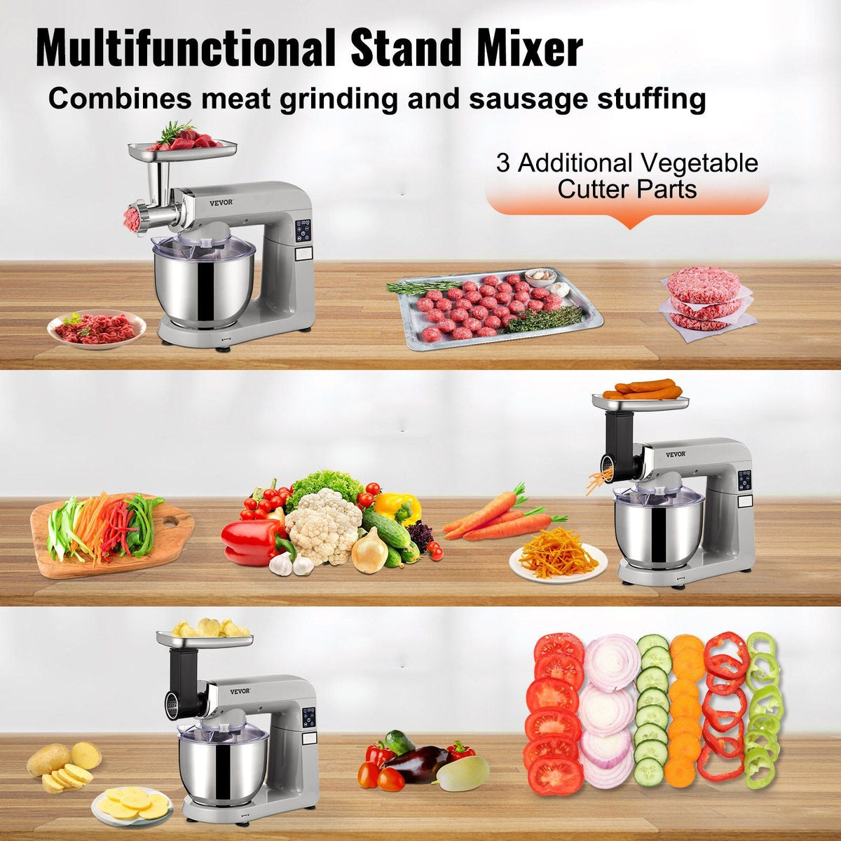 6 in 1 Stand Mixer, 450W Multifunctional Electric Mixer with Tilt-Head, 6 Speeds and LCD Screen Timing, 7.4Qt Stainless Bowl, Dough Hook, Flat Beater, Whisk, Scraper, Grinder, Stuffer, Slicer