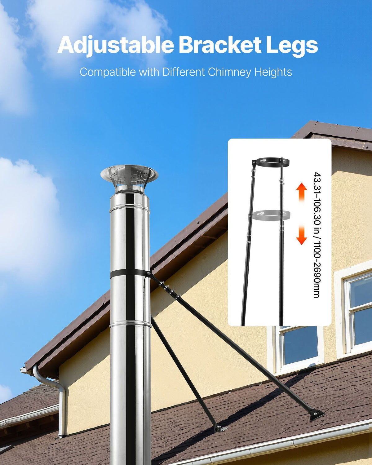 6 inches Extended Roof Bracket, Supports Chimney Stove Pipe for Stability, Mounting Brackets with Adjustable Legs, Steel with Powder Coating, Side/Top Mount Installation (No Rain Cap, Pipe)