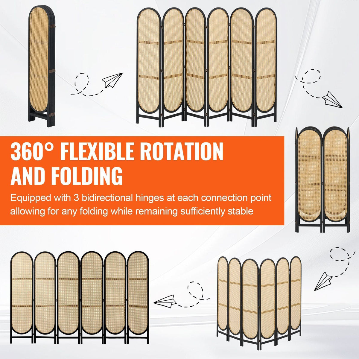 6 Panel Room Divider, Hand-Woven Rattan Folding Privacy Screens with Hinges, Portable Partition Room Dividers, Wooden Freestanding Wall Divider for Room Separation, Living Room, Bedroom, Brown