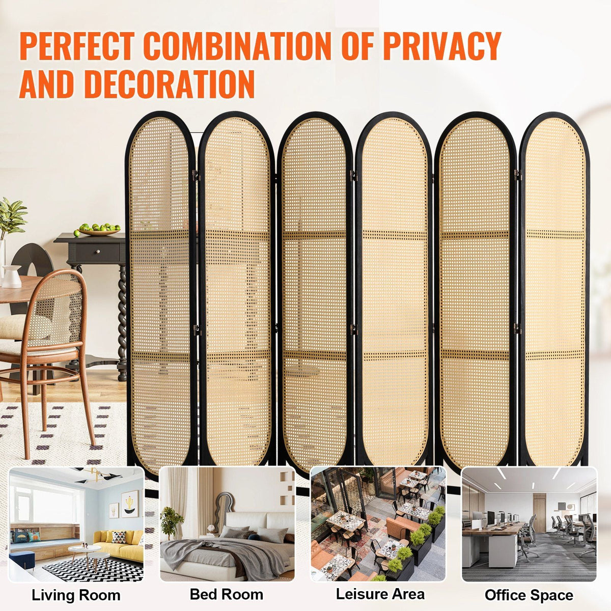 6 Panel Room Divider, Hand-Woven Rattan Folding Privacy Screens with Hinges, Portable Partition Room Dividers, Wooden Freestanding Wall Divider for Room Separation, Living Room, Bedroom, Brown