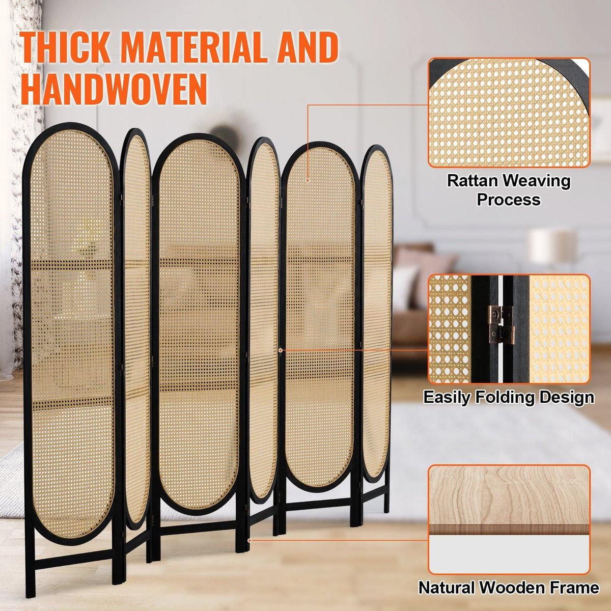 6 Panel Room Divider, Hand-Woven Rattan Folding Privacy Screens with Hinges, Portable Partition Room Dividers, Wooden Freestanding Wall Divider for Room Separation, Living Room, Bedroom, Brown