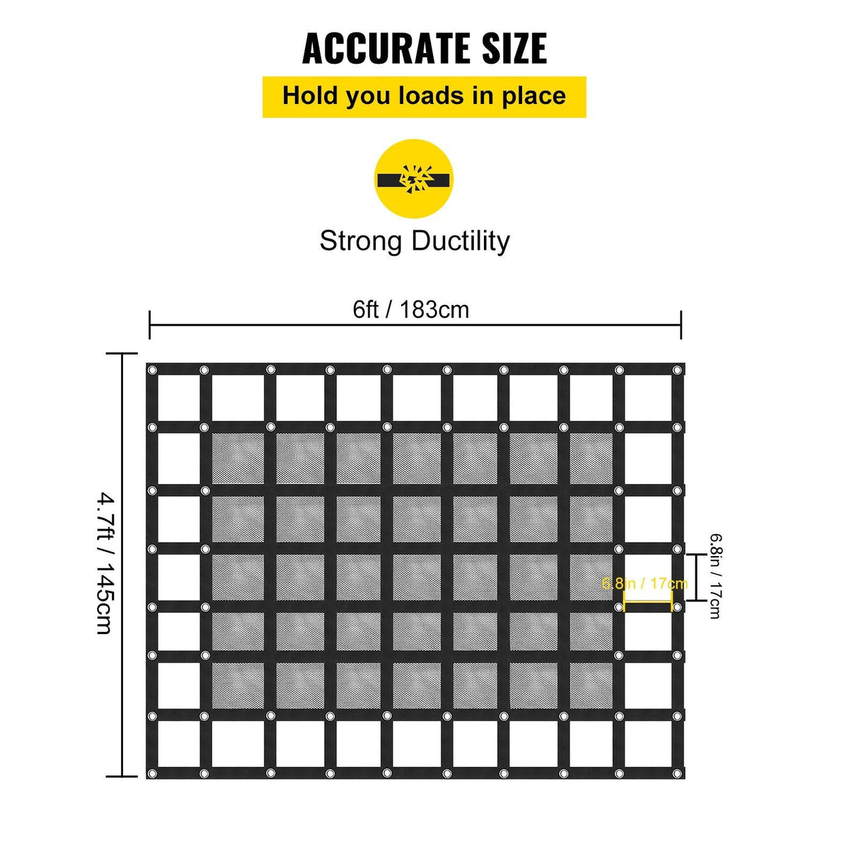 6' x 4.7' Cargo Net with Mesh, Truck Bed Cargo Net Capacity 1100LBS, Heavy Duty Cargo Nets with Cam Buckles & S-Hooks for Pickup Trucks (72" x 57")
