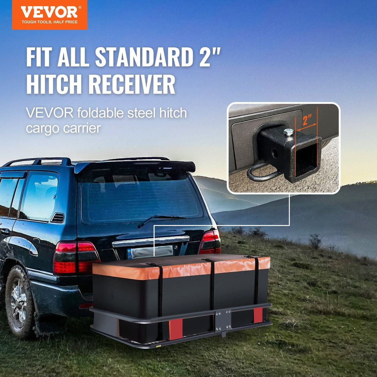 60x24x6 in Hitch Mount Cargo Carrier, 500lb Capacity Folding Trailer Hitch Cargo Basket & Waterproof Cargo Bag, Luggage Carrier Rack Fits 2" Hitch Receiver with Cargo Net for SUV Truck Pickup