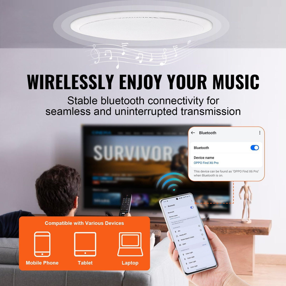 6.5'' Bluetooth in Ceiling Speakers, 150W, Flush Mount Ceiling & in-Wall Speaker System with 8ΩImpedance 89dB Sensitivity, for Home Kitchen Living Room Bedroom or Covered Outdoor Porches, Single
