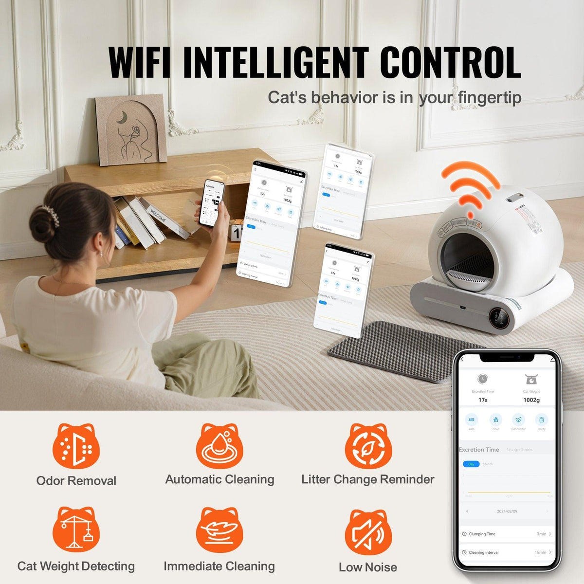 65L Self Cleaning Cat Litter Box with Odor Removal APP Control Sensor Gray