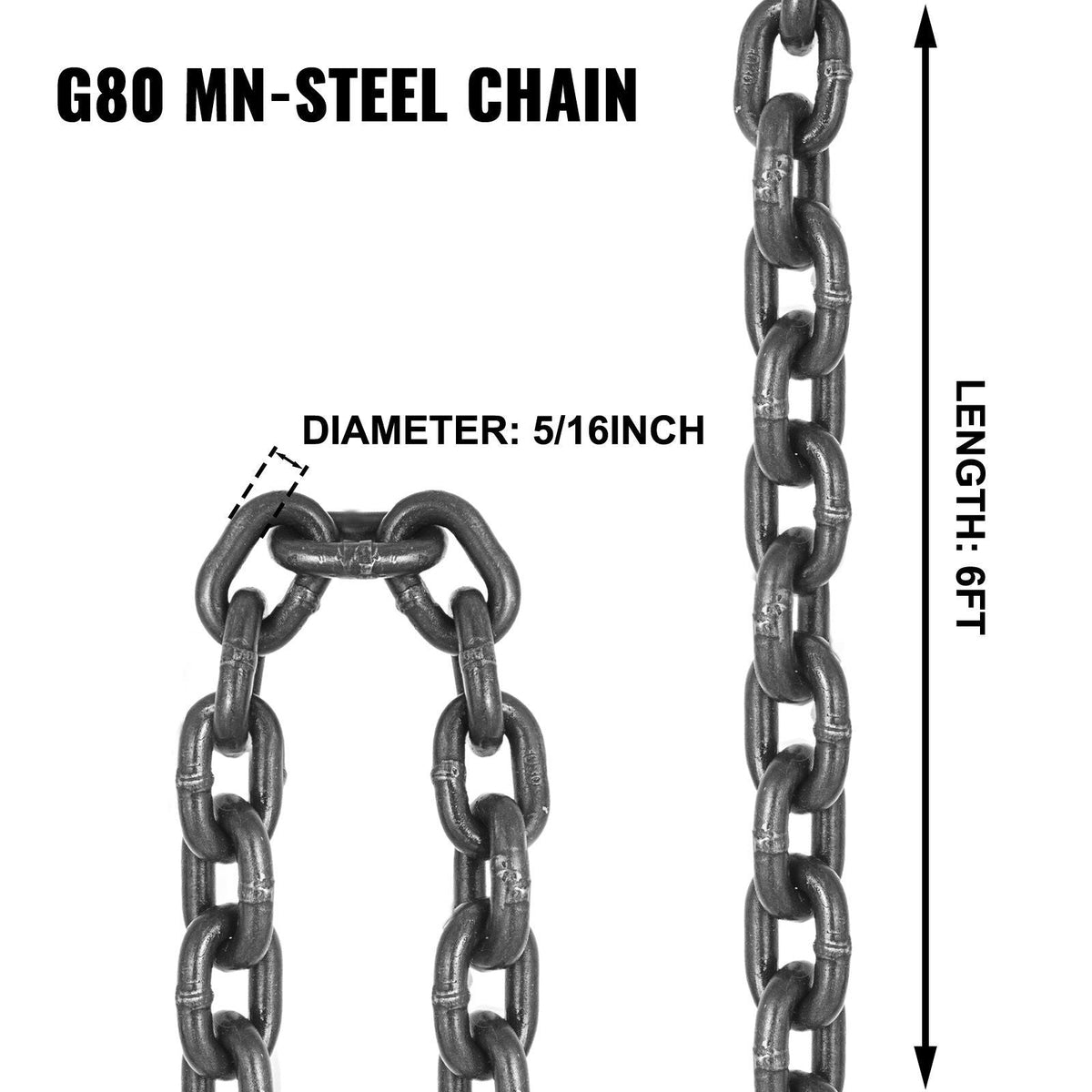 6FT Chain Sling 5/16 in x 6 ft Double Leg with Grab Hooks Sling Chain 3T Capacity Double Leg Chain Sling Grade80 (0.31In x 6Ft Double Leg Sling)
