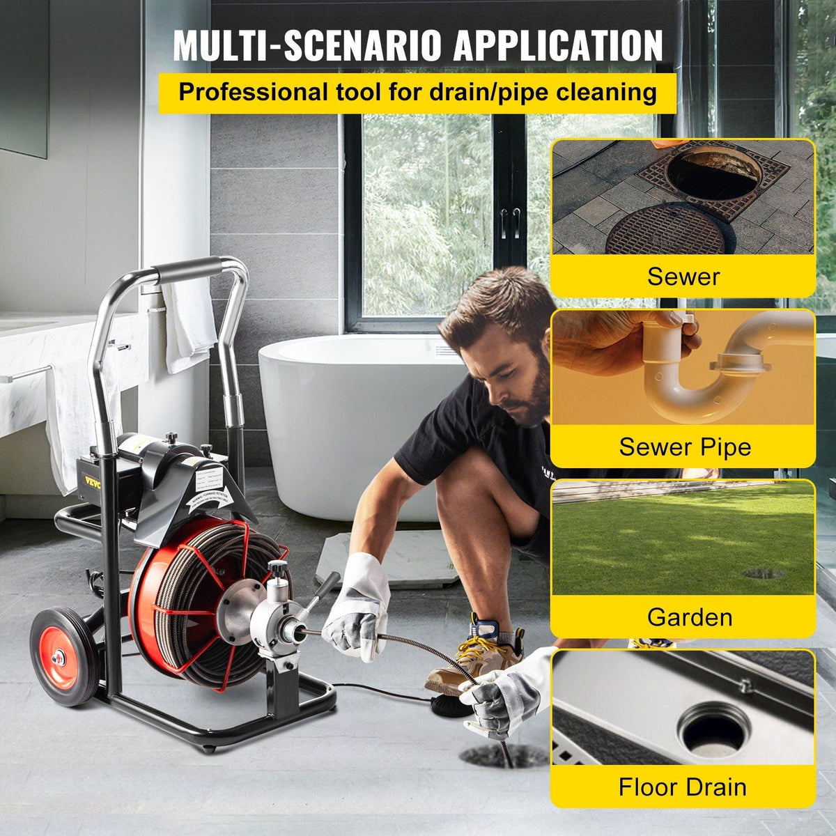 75 Ft x 3/8Inch Drain Cleaner Machine Auto Feed fit 1"(25mm) to 4"(100mm) Pipes 370W Open Drain Cleaning Machine Portable Electric Drain Auger with Cutters Glove Sewer Snake