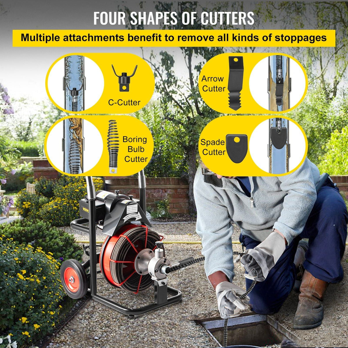 75 Ft x 3/8Inch Drain Cleaner Machine Auto Feed fit 1"(25mm) to 4"(100mm) Pipes 370W Open Drain Cleaning Machine Portable Electric Drain Auger with Cutters Glove Sewer Snake