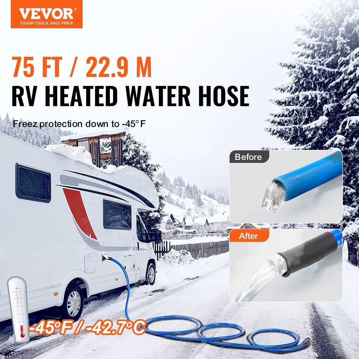 75ft Heated Water Hose for RV, Heated Drinking Water Hose Antifreeze to -45°F, Automatic Self-regulating, 5/8" I.D. with 3/4" GHT Adapter, Lead and BPA Free