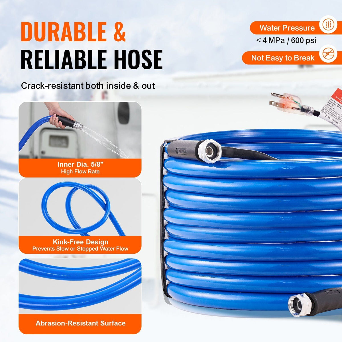 75ft Heated Water Hose for RV, Heated Drinking Water Hose Antifreeze to -45°F, Automatic Self-regulating, 5/8" I.D. with 3/4" GHT Adapter, Lead and BPA Free