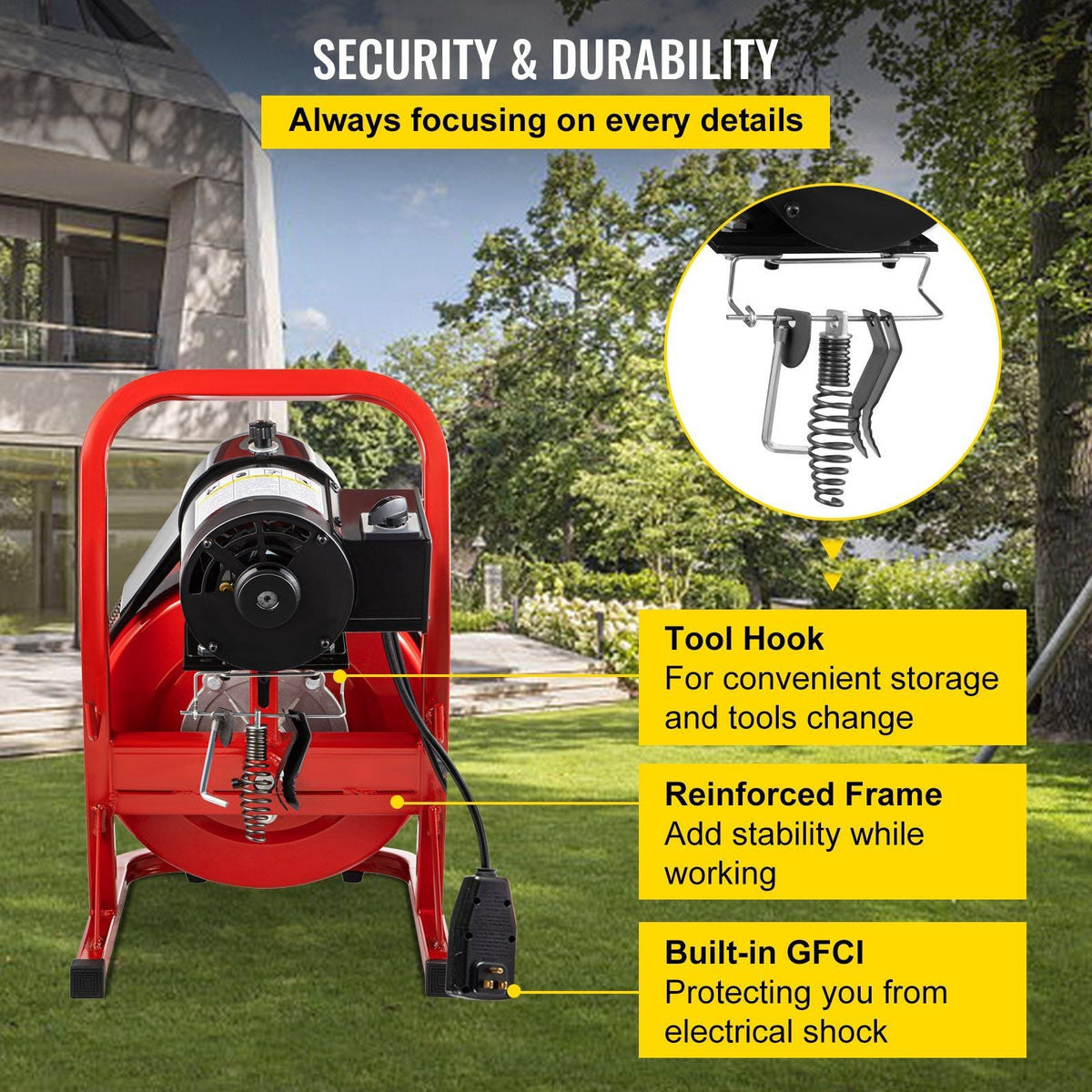 75FT x 3/8 Inch Drain Cleaning Machine, 250W Electric Drain Auger, Portable Sewer Snake Auger Cleaner with Cutters & Air-Activated Foot Switch for 1" to 4" Pipes, Black, Red