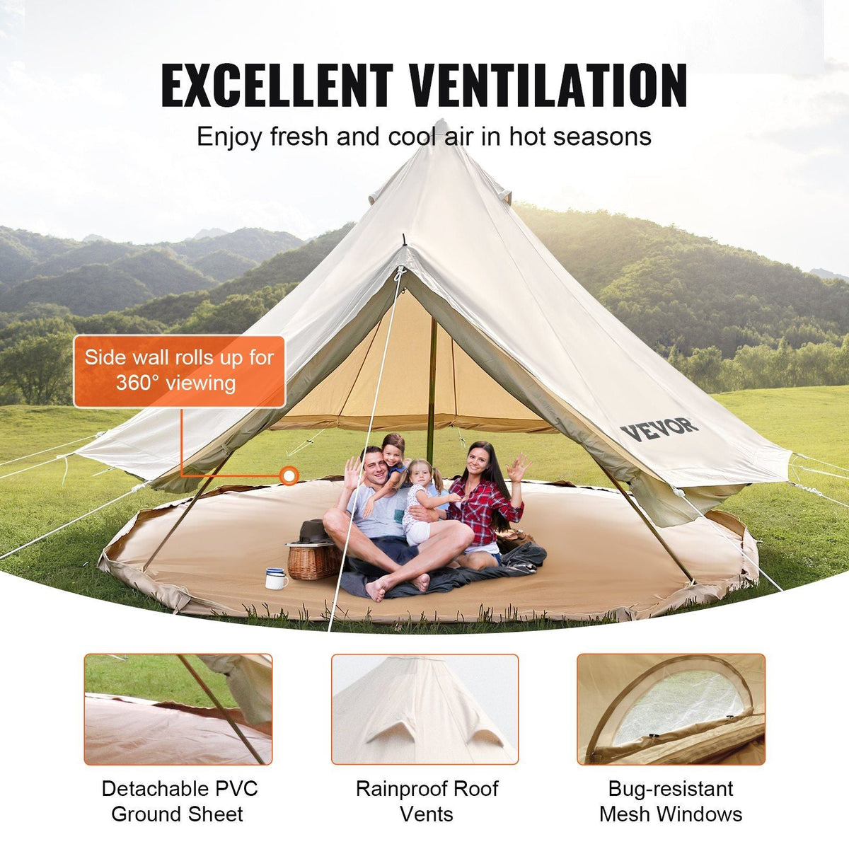 8-10 Person Canvas Glamping Bell Tent, Breathable Waterproof Yurt Tent with Stove Jack and Detachable Side Wall for Family Camping,16'x16'x118"(Diameter 5M)