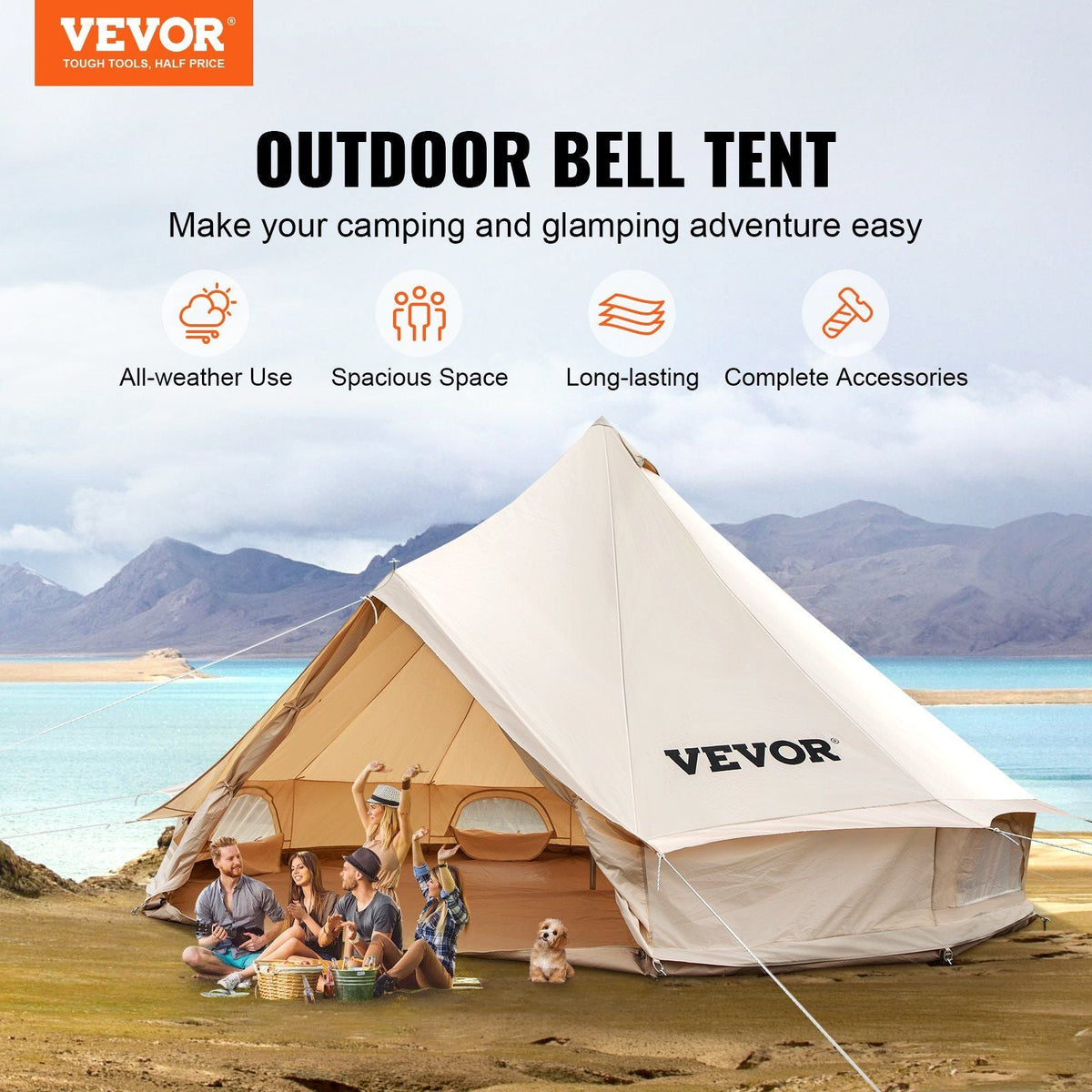 8-10 Person Canvas Glamping Bell Tent, Breathable Waterproof Yurt Tent with Stove Jack and Detachable Side Wall for Family Camping,16'x16'x118"(Diameter 5M)