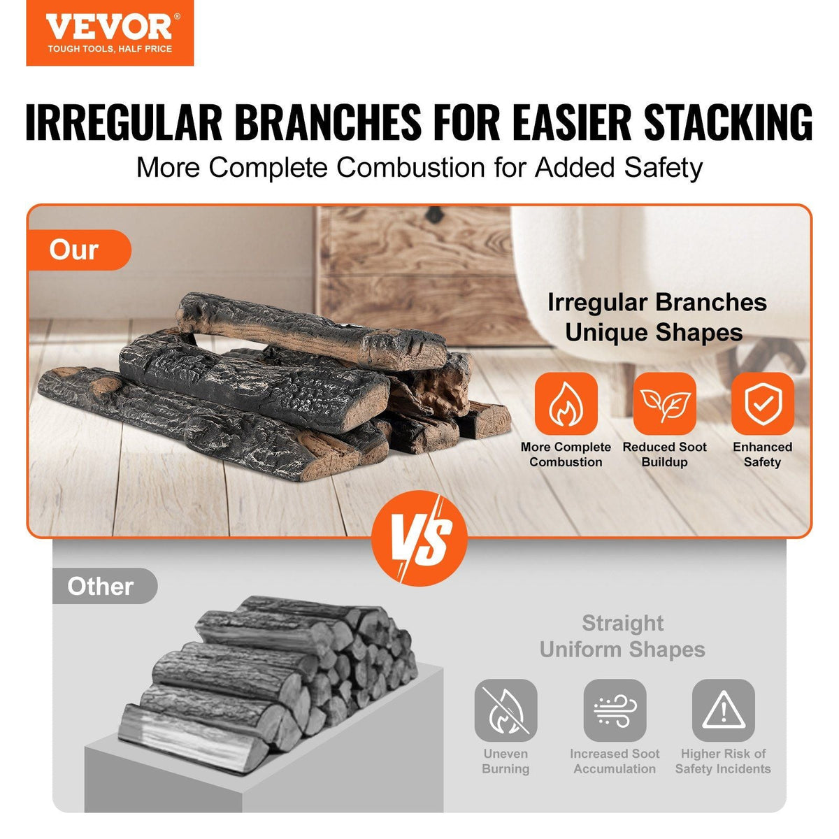 8 Pcs Oak Logs, Gas Fireplace Ceramic Logs for Fire place, Heat-Resistant Wood Log Gas Realistic Logs, Stackable Wood Branches for Gas Fireplace, Firebowl Indoor or Outdoor